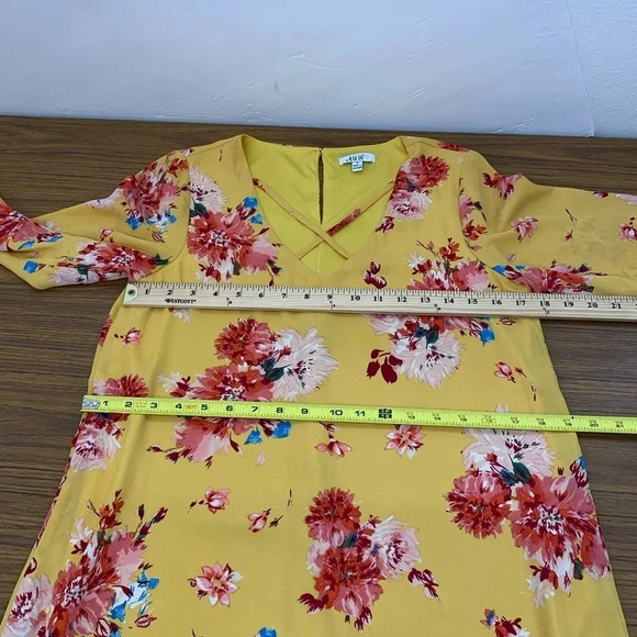 AUW Floral Short Dress Small Yellow Red Sheer Lined Long Bell Sleeve Key Hole - Picture 12 of 13
